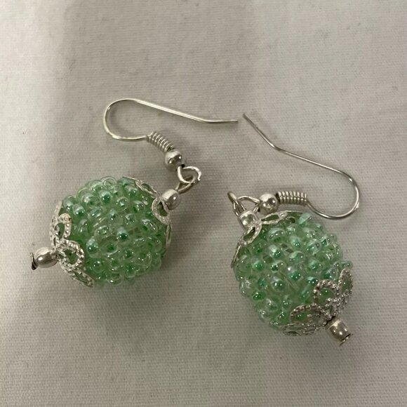 Elegant Vintage Aqua Green Seed Bead Balls 16" Choker Matching Earrings Necklace - Picture 9 of 10